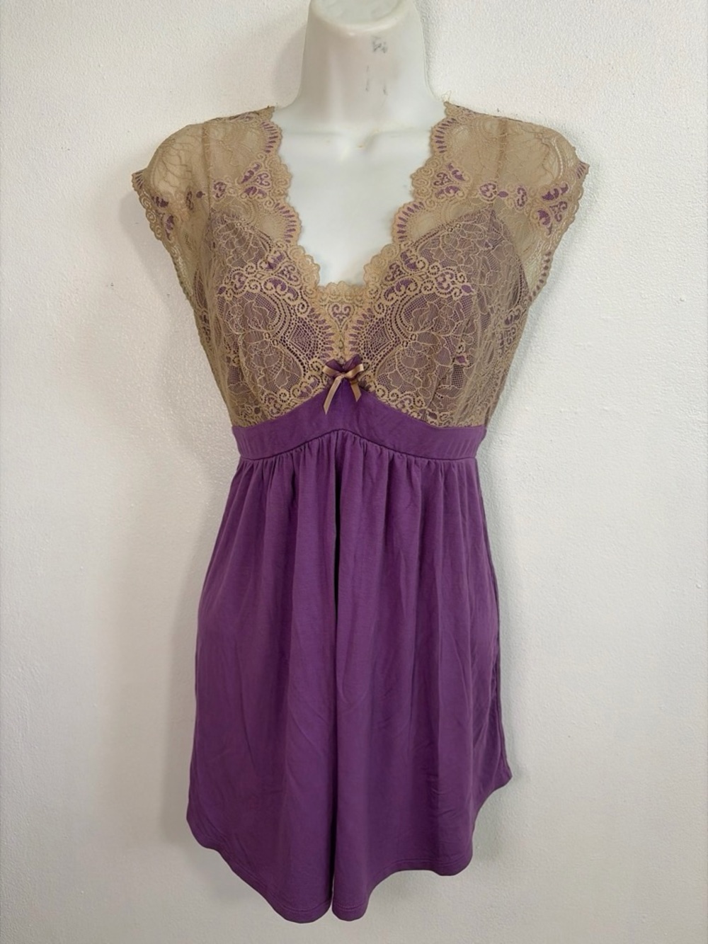 Soma Lace Babydoll Chemise Purple Tan Lace Empire Waist Lingerie Top Medium